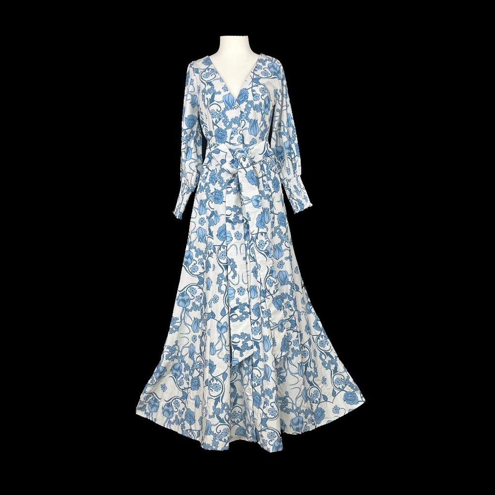 Kleid Giulia Maxi Ivory Blue Floral Balloon Long Sleeve Womens Dress X X-Small